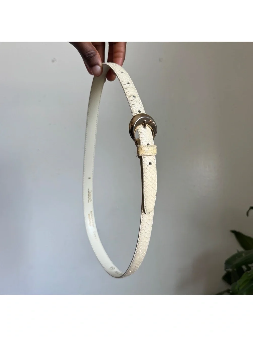 Vintage 80s DAME Genuine Snakeskin Belt Cream Ivory Gold Buckle Size M